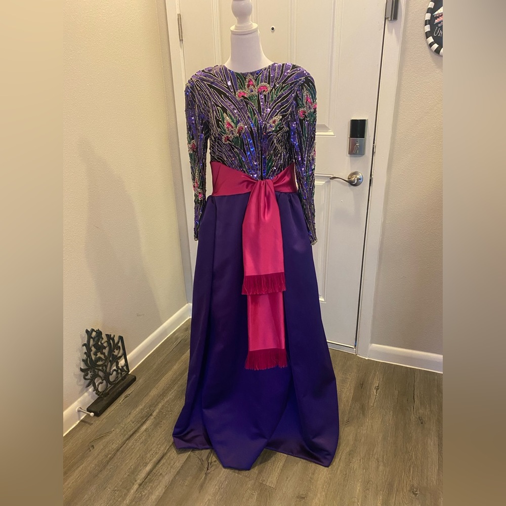 Bob Mackie 80s Mardi Gras Fleur De Lis Purple Pink Sequin Beaded Formal Dress 4